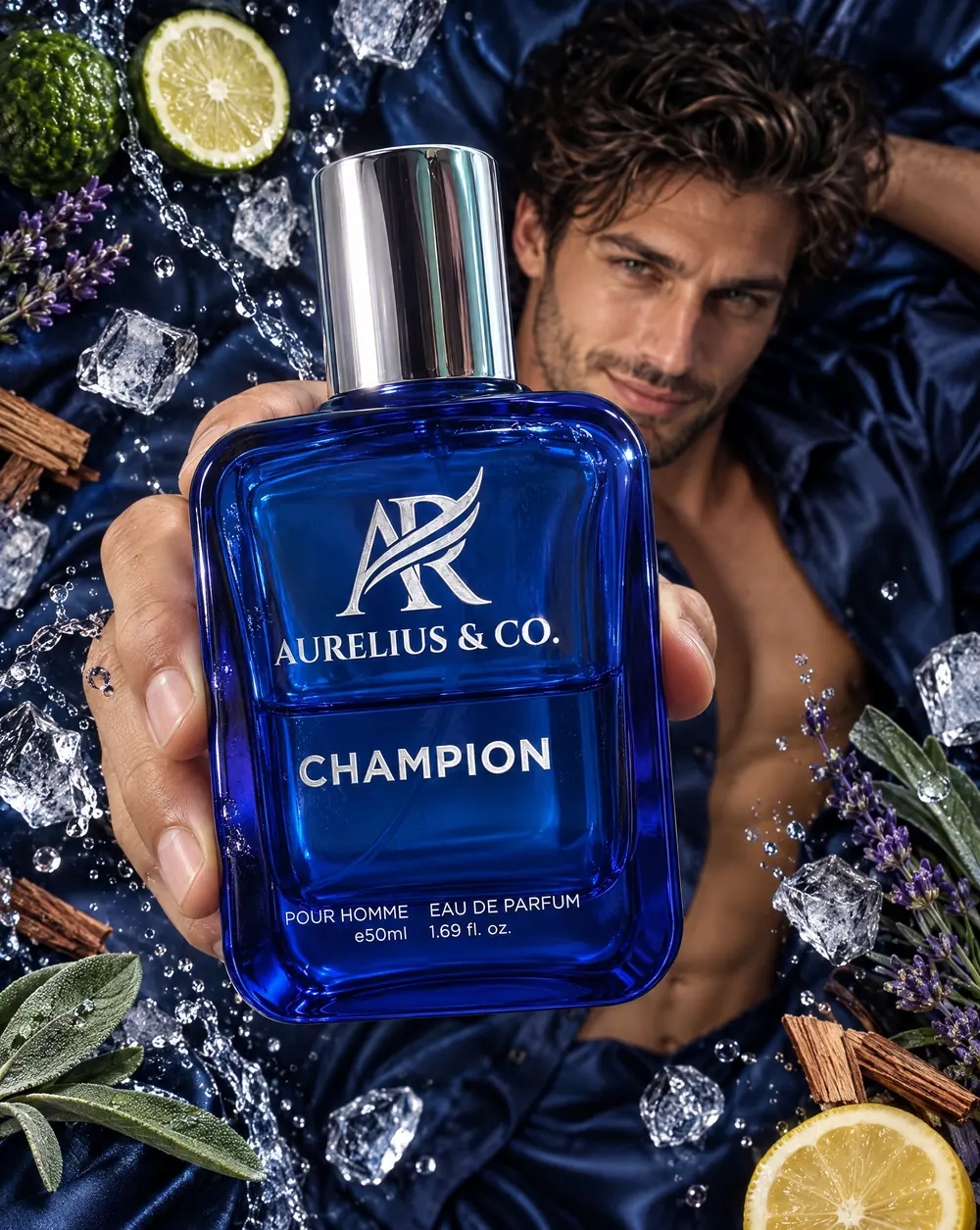 After: the same bottle held up by a man lying on navy satin, with ice, citrus and lavender around it, and the logo and text unchanged. Same product, same details. Only the scene changed.