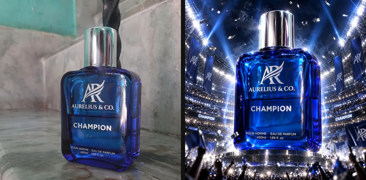 Left: a seller's phone photo of a blue perfume bottle named CHAMPION on a concrete step. Right, AI-generated with Oranokai using Out of the Box with no prompt: the same bottle rising like a monument in a floodlit stadium, with confetti and a cheering crowd.