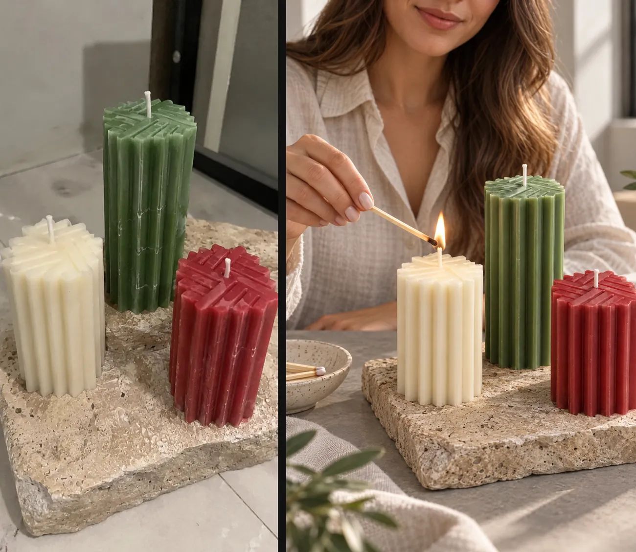 Left: a seller's phone photo of three ribbed pillar candles on a stone slab, with scuffs and wax marks. Right, AI-generated with Oranokai: the same candles, clean and in their exact colours and shapes, being lit in a bright, cozy holiday-ready lifestyle scene.