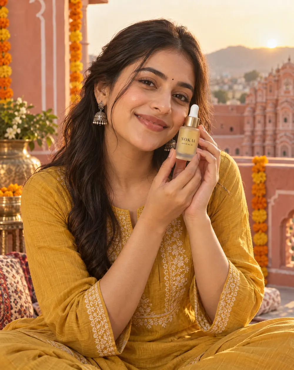 AI-generated with Oranokai: a young Indian woman in a mustard kurta on a sunlit Jaipur rooftop with marigold garlands, holding a serum bottle near her cheek. The prompt asked for exactly this person, outfit, setting and pose.