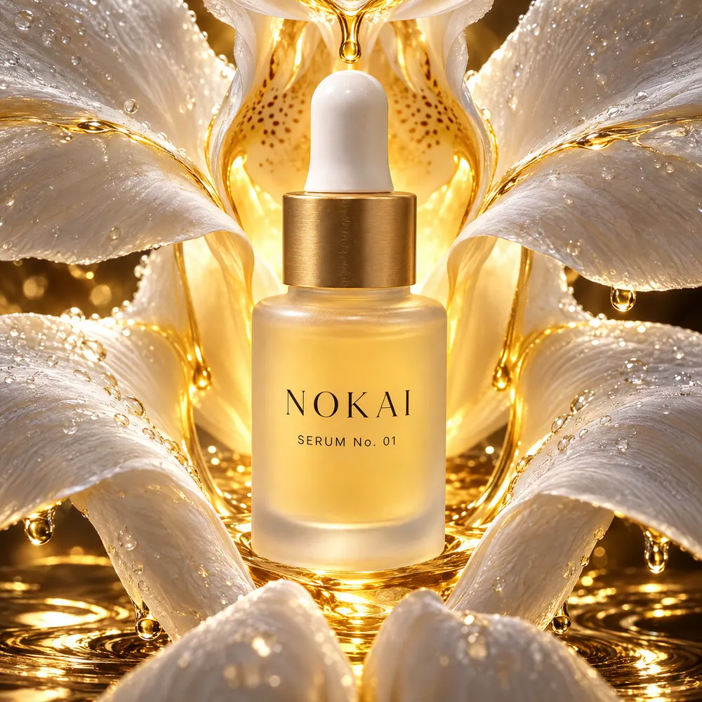 AI-generated with Oranokai using Out of the Box with no prompt: a serum bottle inside a giant white orchid, with liquid gold nectar and dew drops around it.