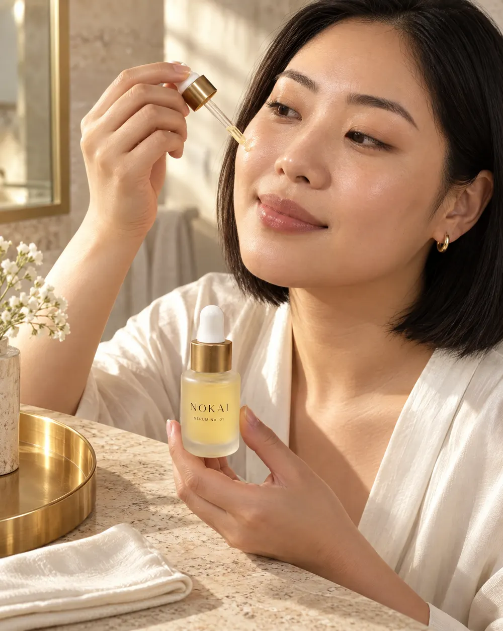 AI-generated with Oranokai: a serum bottle in a warm cream-and-gold bathroom scene, adapted from a style reference image. The reference's palette and light carried over; none of its branding or text did.