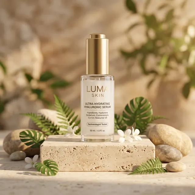 Original styled photo of a LUMA SKIN hyaluronic serum bottle on a stone pedestal with plants and flowers