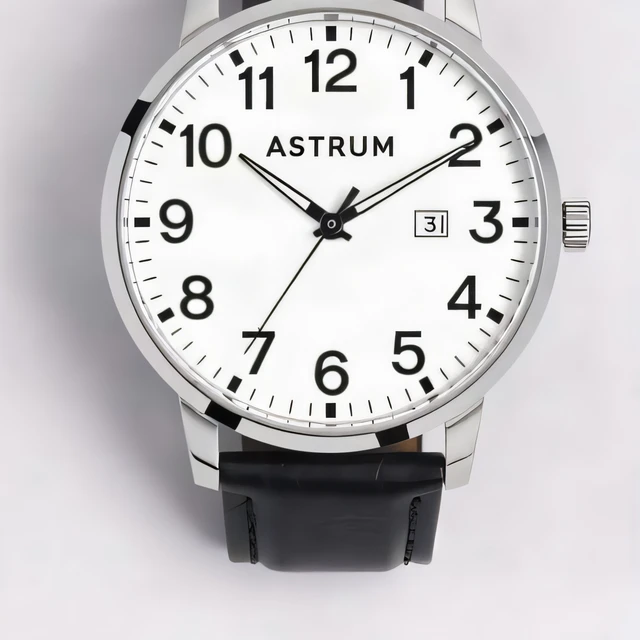 Real Oranokai 4x upscale output — the same ASTRUM watch, sharp with fully legible numerals and branding