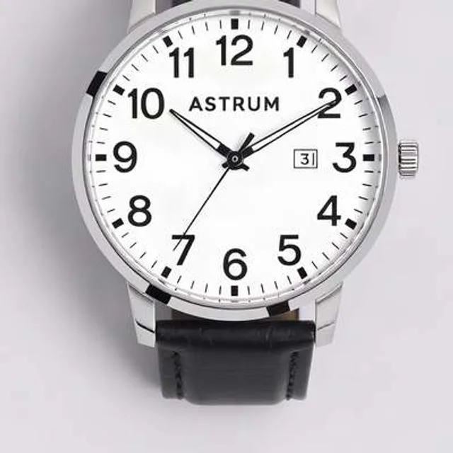 Original low-resolution photo of an ASTRUM analog wristwatch with a black leather strap