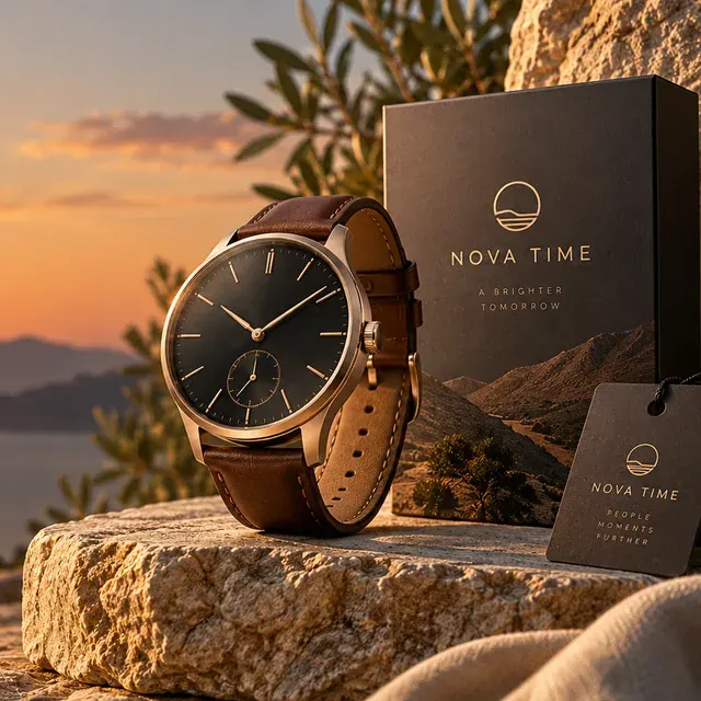 Close-up of a men's chronograph watch with a black dial and brown leather strap resting on a leather portfolio