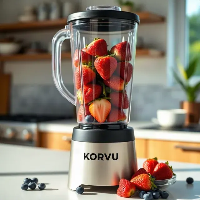 A countertop blender filled with berries next to a bowl of fruit in a sunlit kitchen