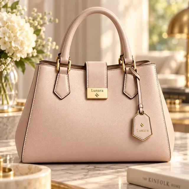 A blush pink leather handbag with gold hardware on a marble table beside white flowers