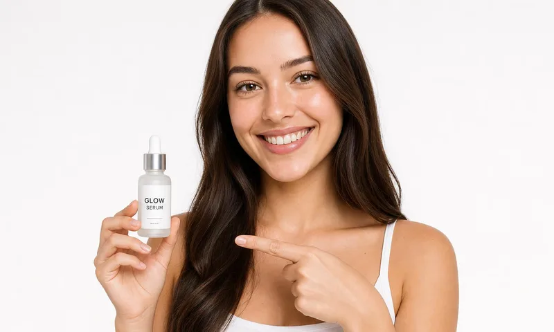 A smiling model holding and pointing at a skincare serum bottle with clearly readable packaging text