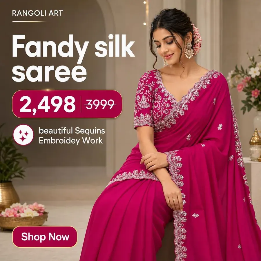 Real Oranokai AI Ad Poster output — a model wearing the saree in an elegant styled scene, with brand name, price badge, feature highlight, and a Shop Now button rendered directly into the image
