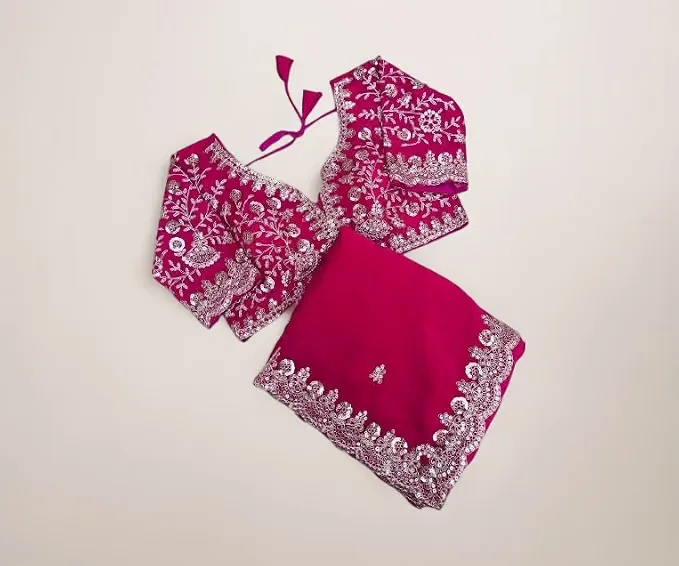 Original flat-lay product photo of an embroidered saree blouse set on a plain background
